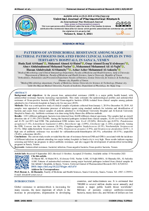 (PDF) PATTERNS OF ANTIMICROBIAL RESISTANCE AMONG MAJOR BACTERIAL ...