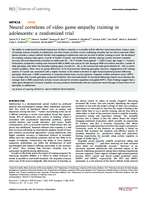 (PDF) Neural correlates of video game empathy training in adolescents ...