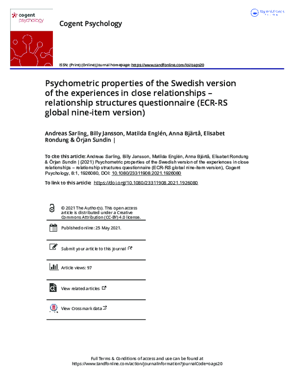 (PDF) Psychometric properties of the Swedish version of the experiences ...