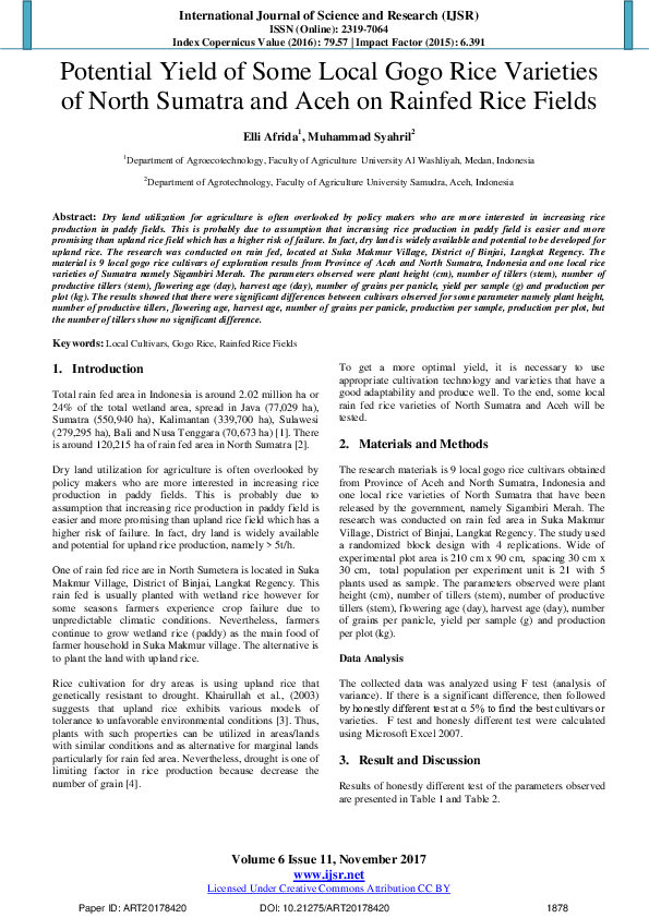 (PDF) Potential Yield of Some Local Gogo Rice Varieties of North ...