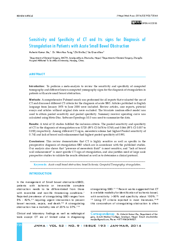 (PDF) Sensitivity and Specificity of CT and its Signs for Diagnosis of ...