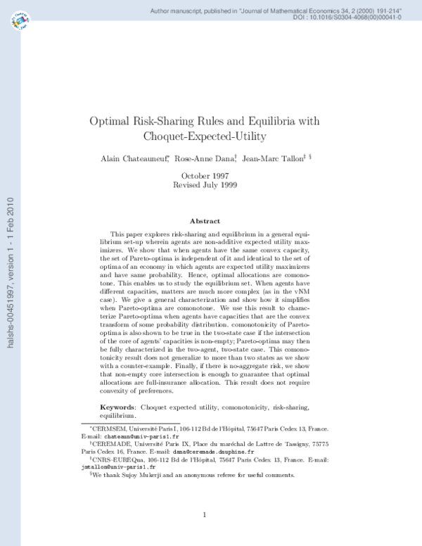 (PDF) Optimal Risk-Sharing Rules and Equilibria With Non-Additive ...