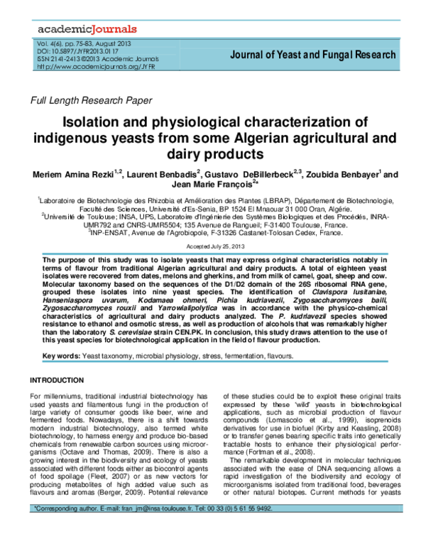 (PDF) Isolation and physiological characterization of indigenous yeasts ...