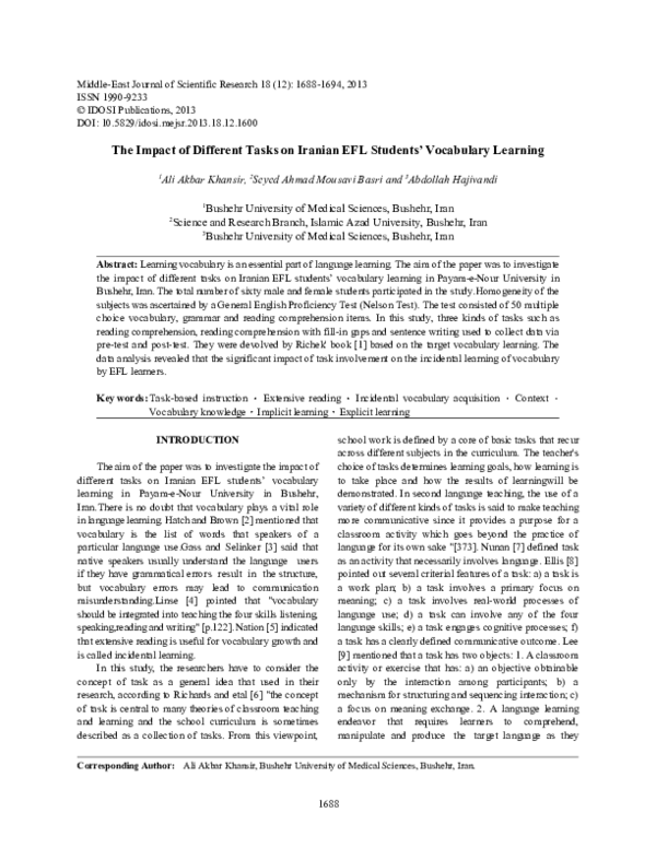 (PDF) The Impact of Different Tasks on Iranian EFL Students' Vocabulary ...