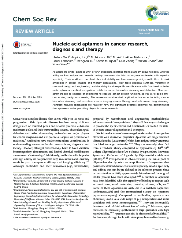 (PDF) Nucleic acid aptamers in cancer research, diagnosis and therapy
