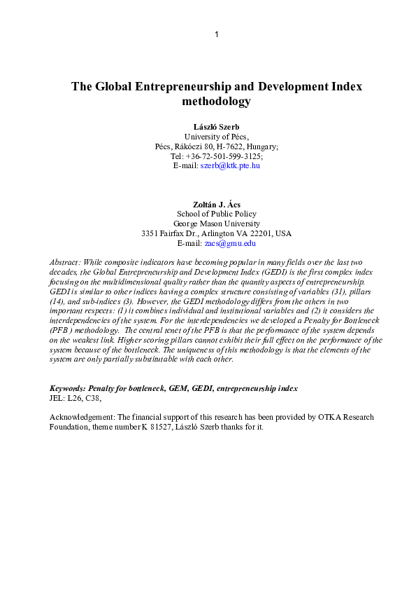 (PDF) The Global Entrepreneurship and Development Index