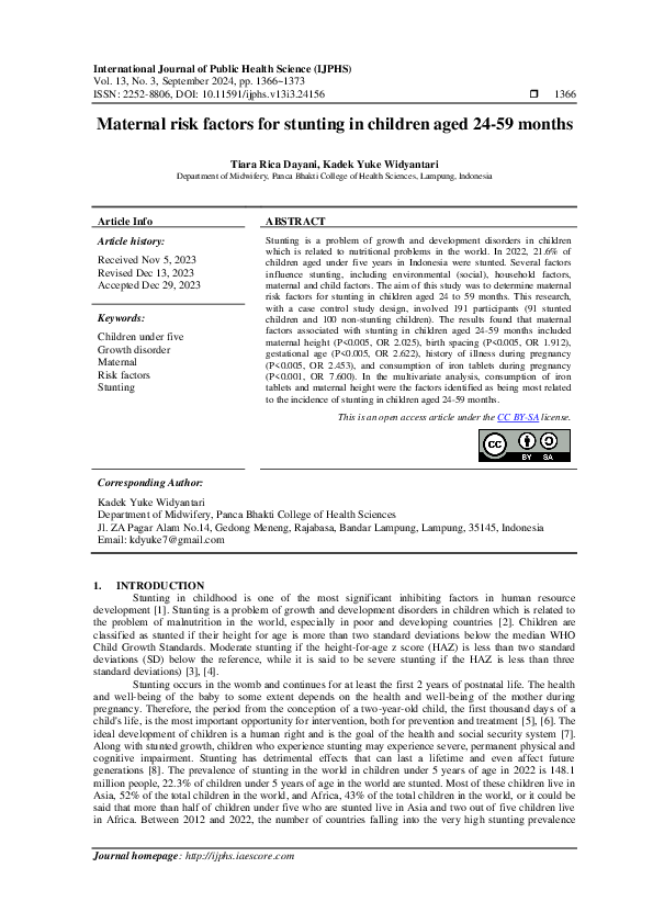 (PDF) Maternal risk factors for stunting in children aged 24-59 months