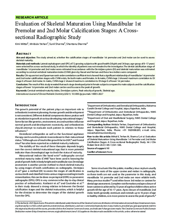 (PDF) Evaluation of Skeletal Maturation Using Mandibular 1st Premolar ...