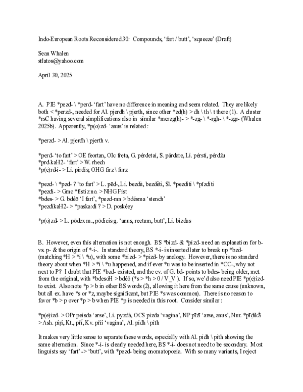 First page of “Indo-European Roots Reconsidered 30:  Compounds, 'fart / butt', 'squeeze' (Draft)”