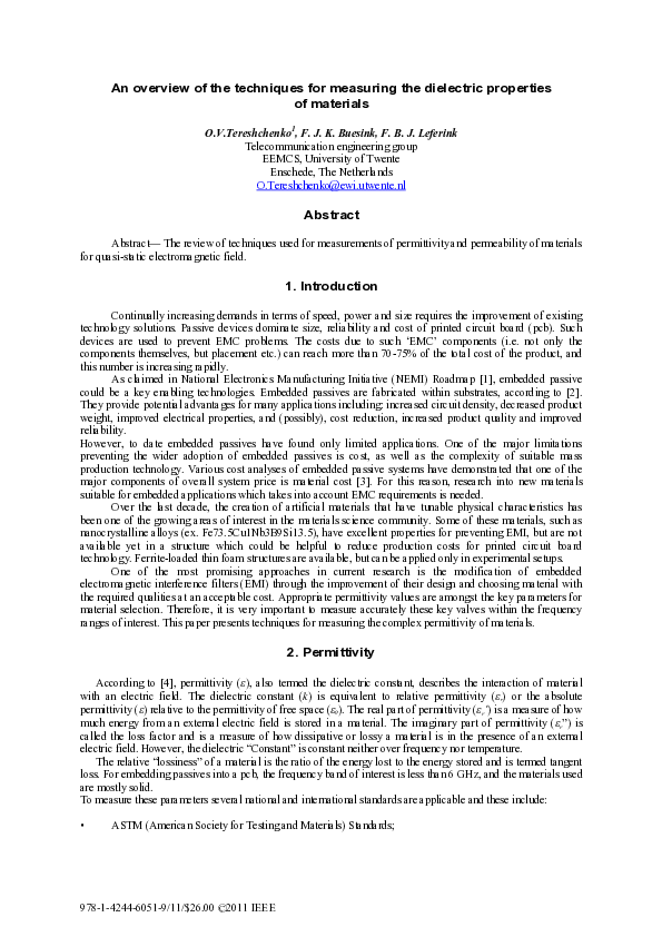 (PDF) An overview of the techniques for measuring the dielectric ...