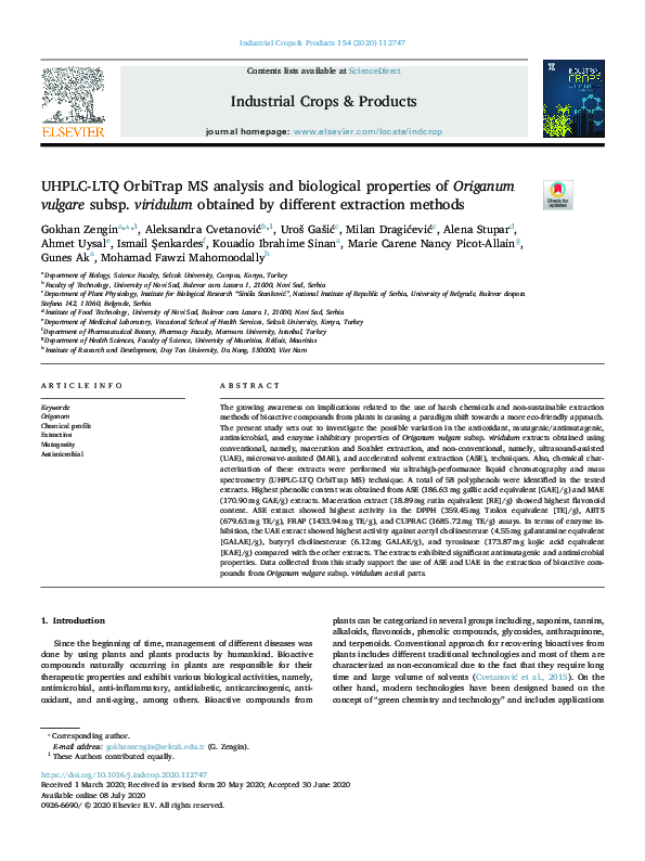 (PDF) UHPLC-LTQ OrbiTrap MS analysis and biological properties of ...