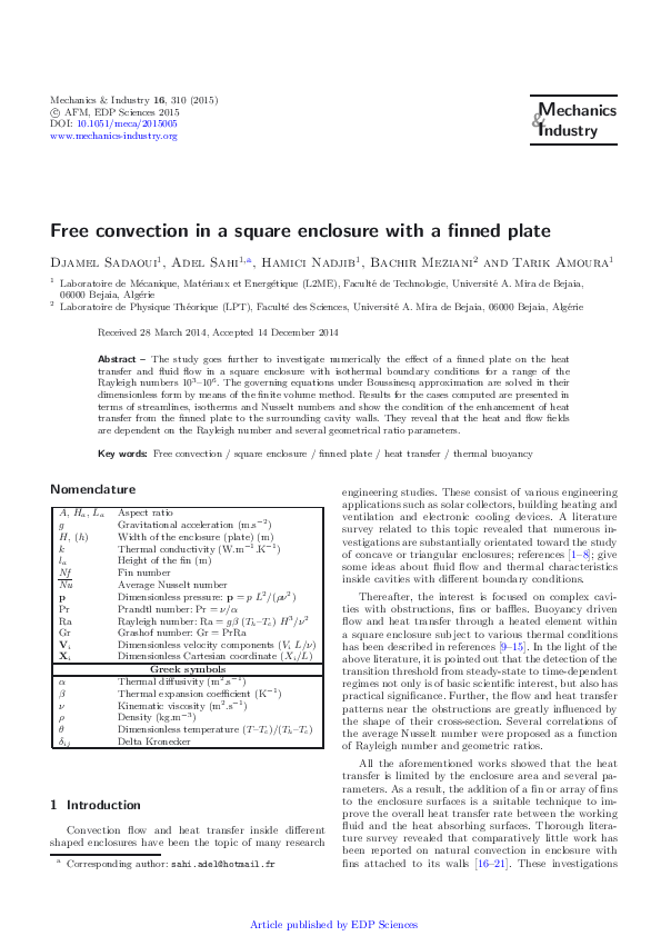 (PDF) Free convection in a square enclosure with a finned plate