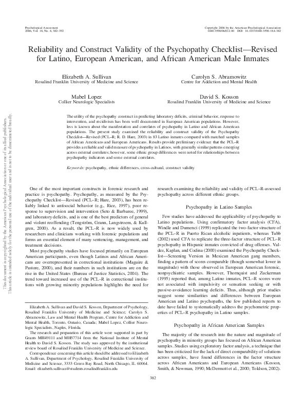 (PDF) Reliability and construct validity of the psychopathy checklist ...