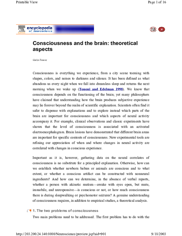 (PDF) Consciousness and the brain: Theoretical aspects