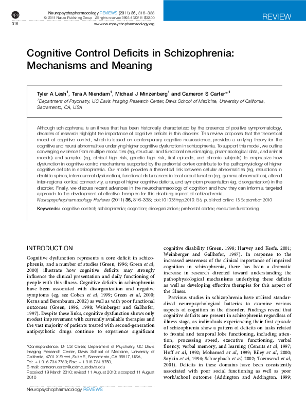 (PDF) Cognitive Control Deficits in Schizophrenia: Mechanisms and Meaning