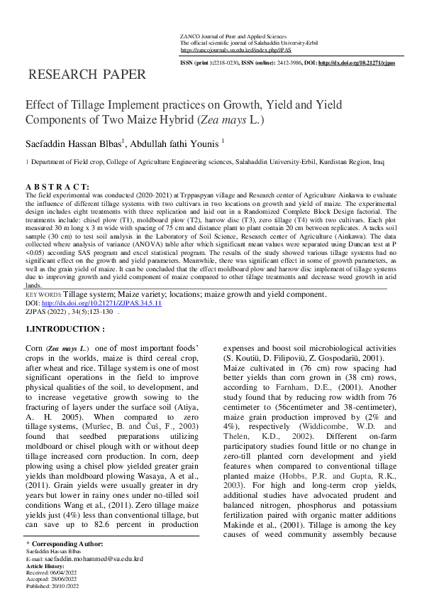 (PDF) Effect of Tillage Implement practices on Growth, Yield and Yield ...