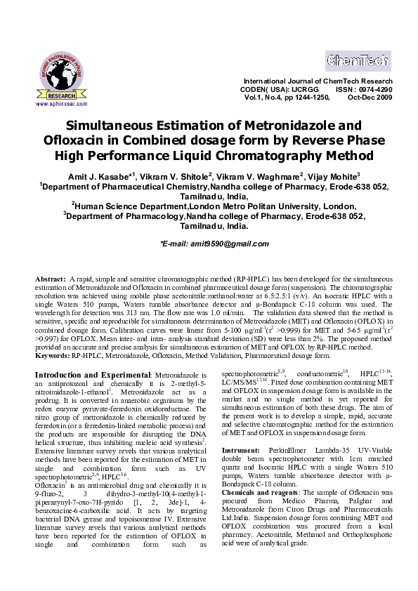 (PDF) Mohite V., Simultaneous Estimation of Metronidazole and Ofloxacin ...