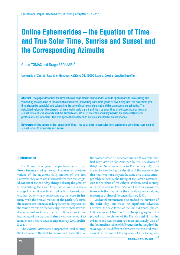(PDF) Online Ephemerides – the Equation of Time and True Solar Time ...
