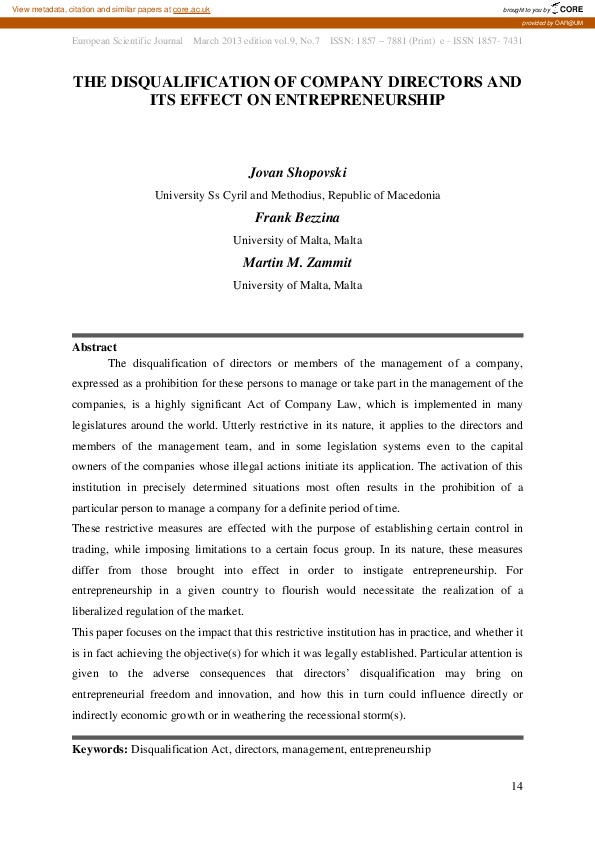 (PDF) The Disqualification of Company Directors and Its Effect on ...