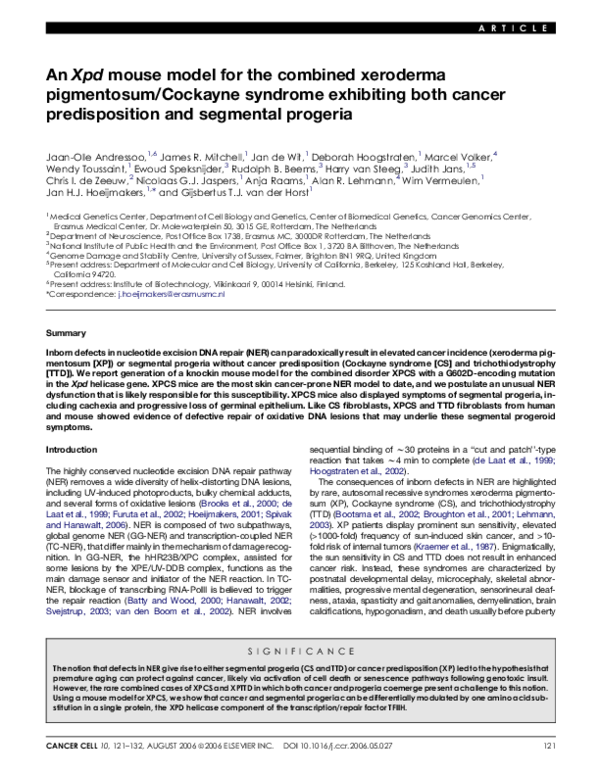 (PDF) An Xpd mouse model for the combined xeroderma pigmentosum ...