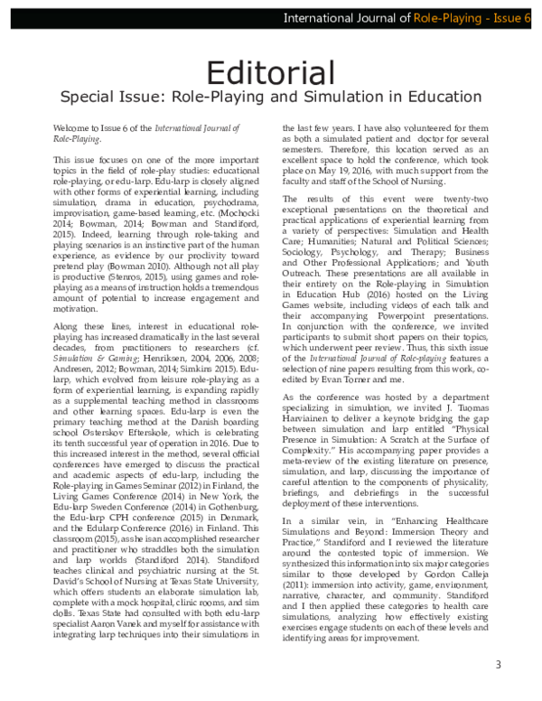 (PDF) Editorial - Special Issue: Role-playing and Simulation in Education