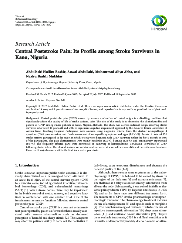 (PDF) Central Poststroke Pain: Its Profile among Stroke Survivors in ...