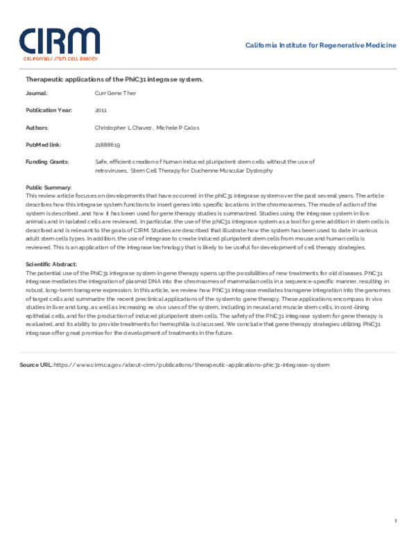 (PDF) Therapeutic Applications of the PhiC31 Integrase System
