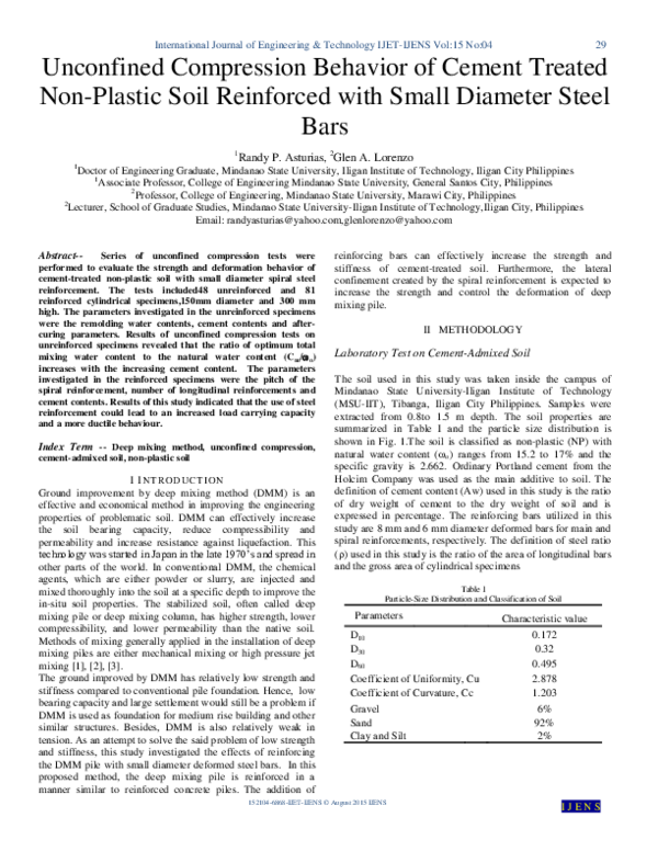 (PDF) Unconfined Compression Behavior of Cement Treated Non-Plastic ...