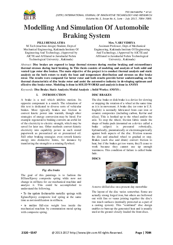 (PDF) Modelling and Simulation of Automobile Braking System