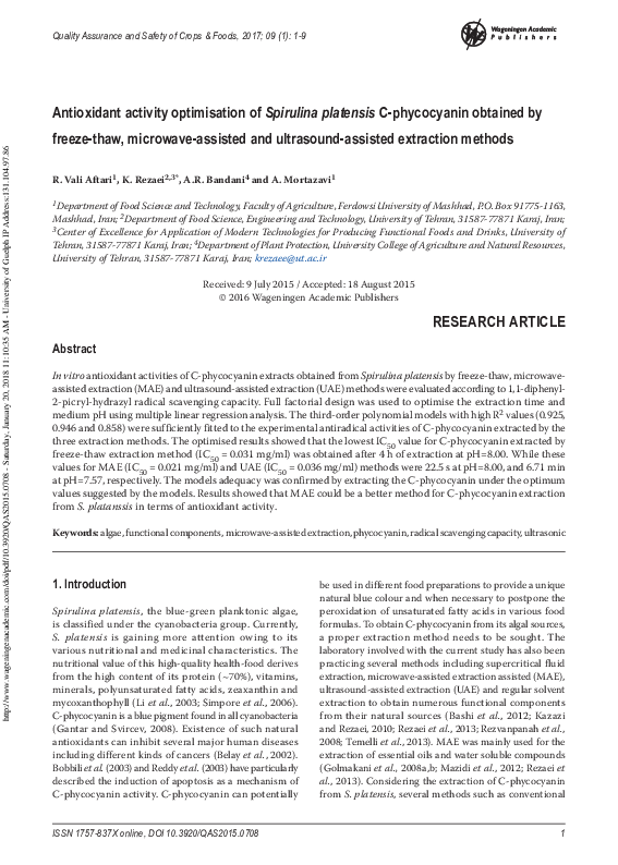 (PDF) Antioxidant activity optimisation of Spirulina platensis C ...