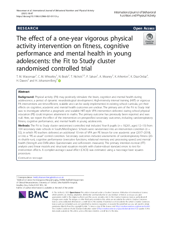 (PDF) The effect of a one-year vigorous physical activity intervention ...