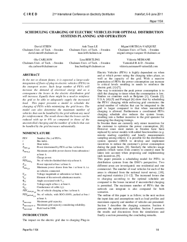 (PDF) Scheduling charging of electric vehicles for optimal distribution ...