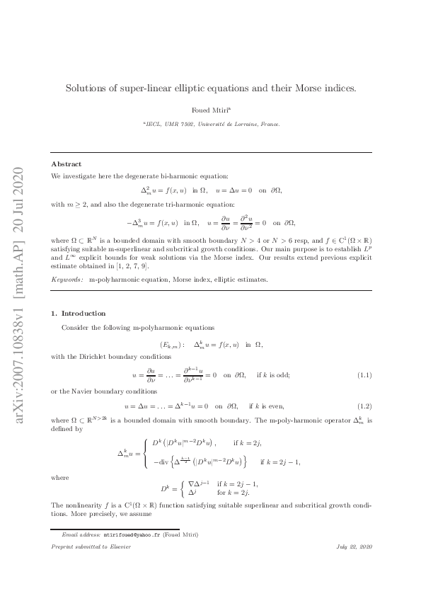 (PDF) Solutions of super-linear elliptic equations and their Morse indices