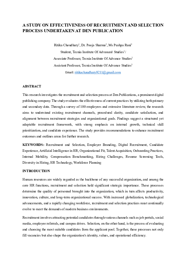 (PDF) A STUDY ON EFFECTIVENESS OF RECRUITMENT AND SELECTION PROCESS ...