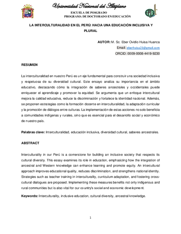 (PDF) LA INTERCULTURALIDAD EN EL PERÚ: HACIA UNA EDUCACIÓN INCLUSIVA Y ...