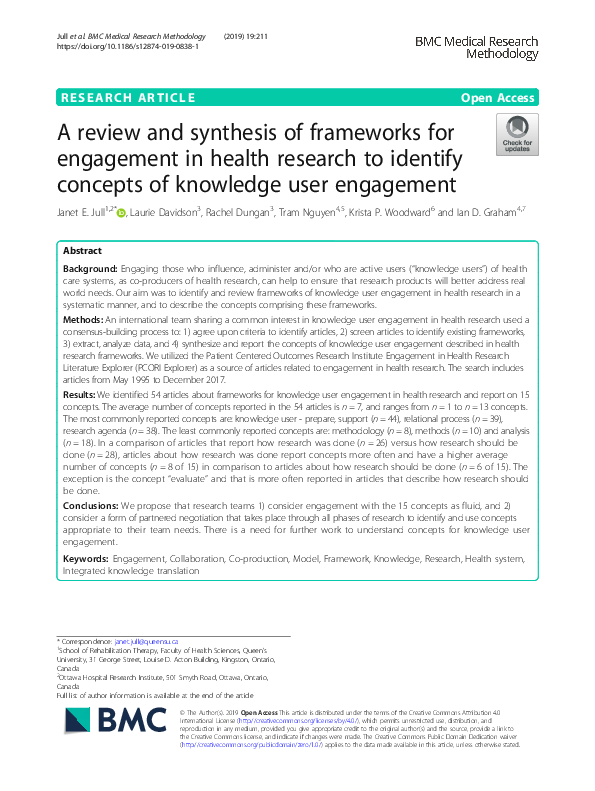 (PDF) A review and synthesis of frameworks for engagement in health ...