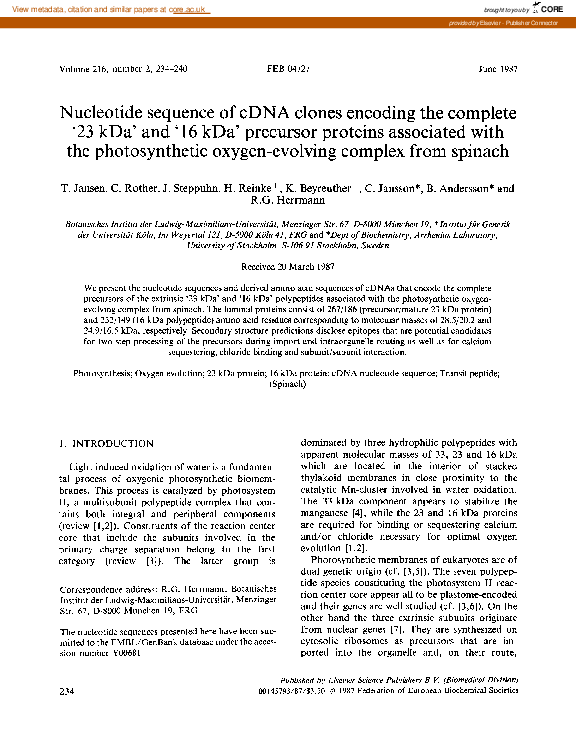 (PDF) Nucleotide sequence of cDNA clones encoding the complete ‘23 kDa ...