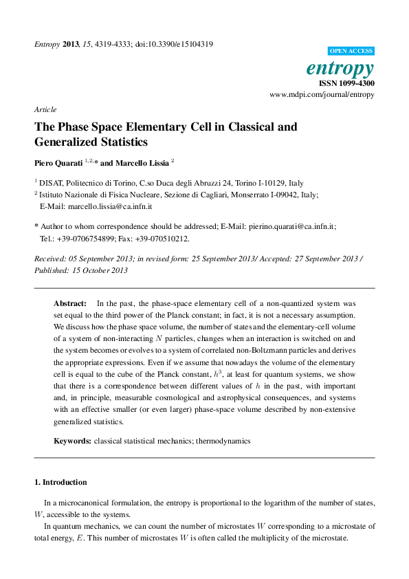 (PDF) The Phase Space Elementary Cell in Classical and Generalized ...