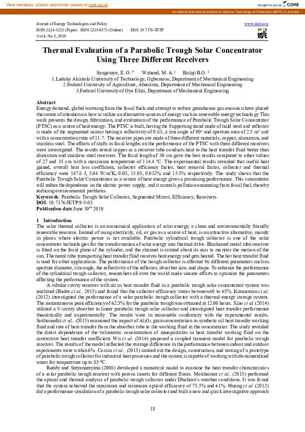 (PDF) Thermal Evaluation of a Parabolic Trough Solar Concentrator Using ...