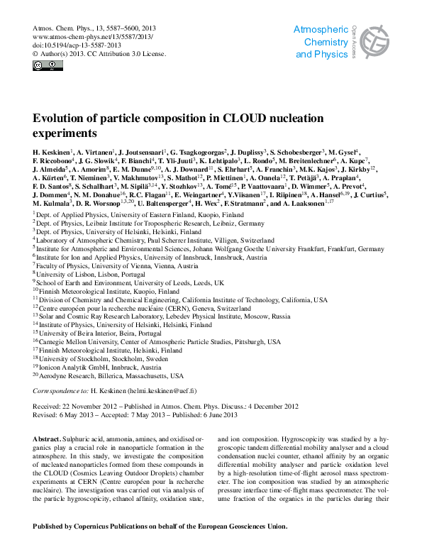 (PDF) Evolution of particle composition in CLOUD nucleation experiments