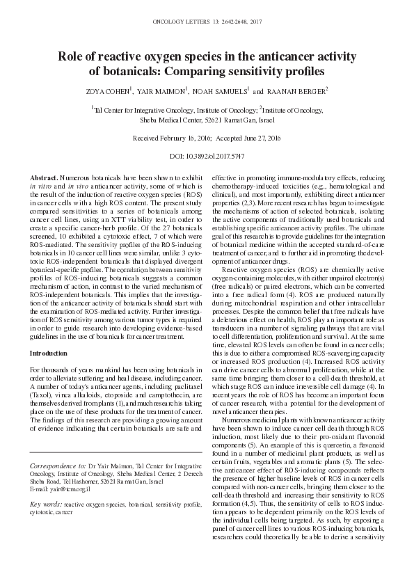 (PDF) Role of reactive oxygen species in the anticancer activity of ...