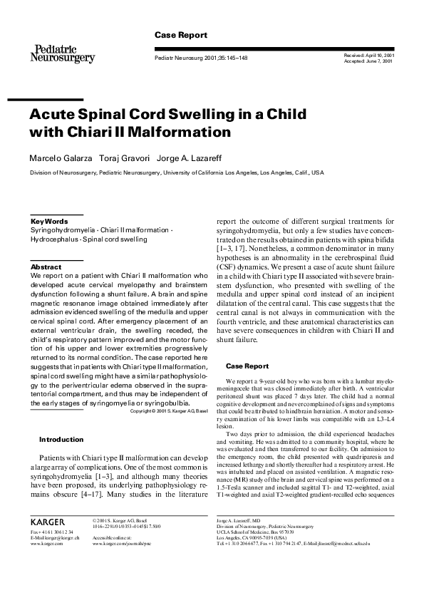 (PDF) Acute Spinal Cord Swelling in a Child with Chiari II Malformation