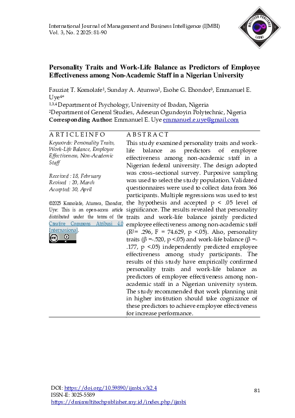 (PDF) Personality Traits and Work-Life Balance as Predictors of ...