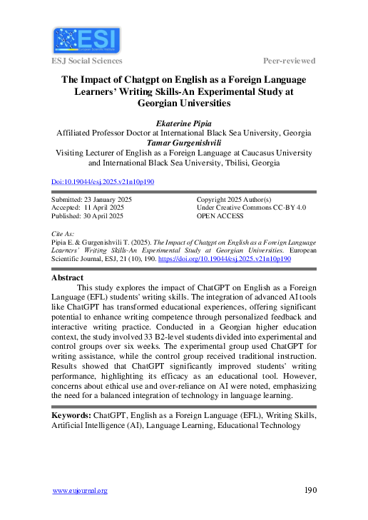 (PDF) The Impact of Chatgpt on English as a Foreign Language Learners ...