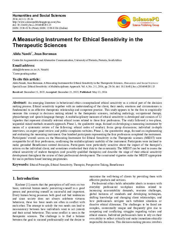 (PDF) A Measuring Instrument for Ethical Sensitivity in the Therapeutic ...