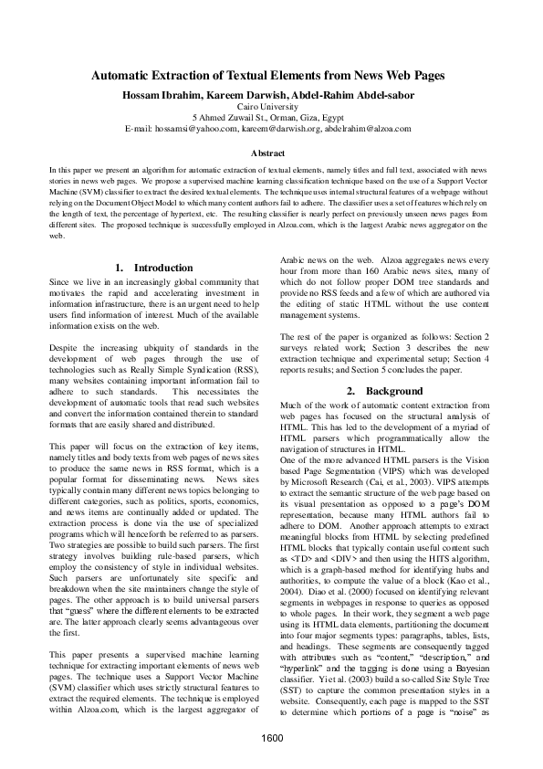 (PDF) Automatic Extraction of Textual Elements from News Web Pages