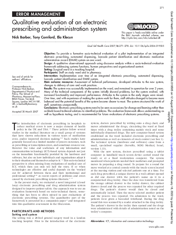 Picture of (PDF) Qualitative evaluation of an electronic prescribing and ...