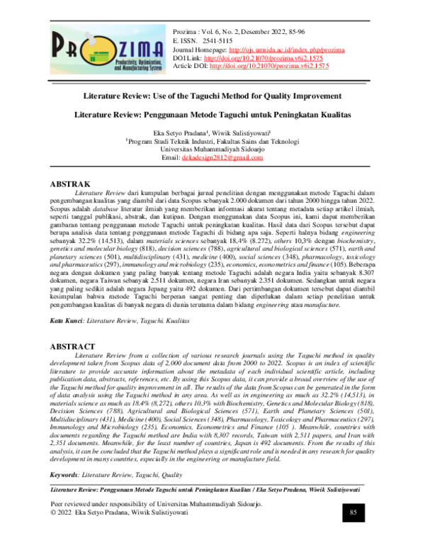 (PDF) Literature Review: Use of the Taguchi Method for Quality Improvement