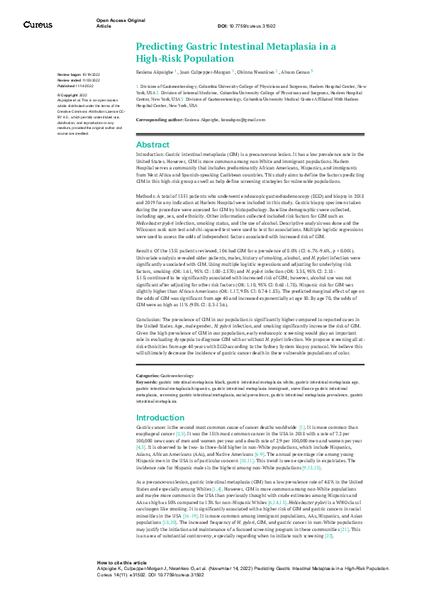 (PDF) Predicting Gastric Intestinal Metaplasia in a High-Risk Population