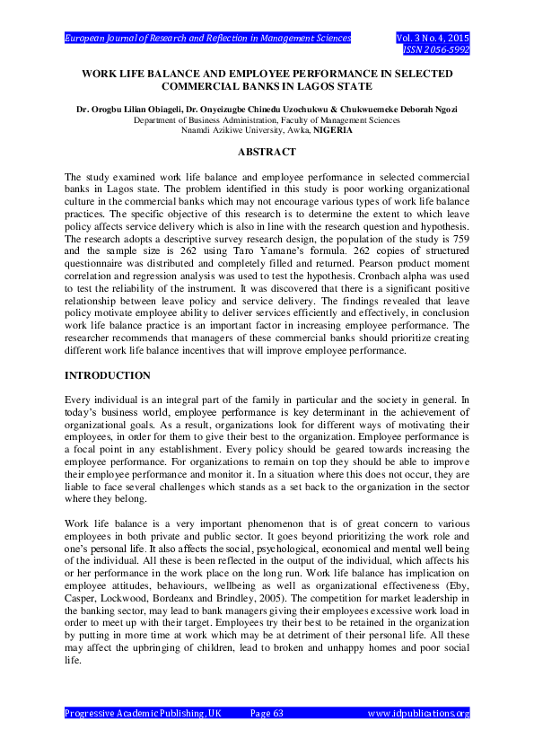 (PDF) Work Life Balance and Employee Performance in Selected Commercial ...